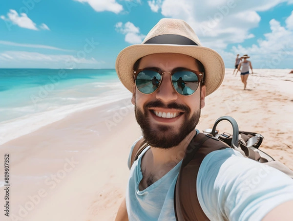 Fototapeta Young man with backpack smiling at camera on the beach and enjoying the freedom of taking a selfie on a sunny day. Wellbeing, healthy lifestyle and happy people concept