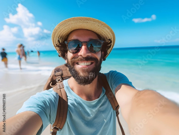Fototapeta Young man with backpack smiling at camera on the beach and enjoying the freedom of taking a selfie on a sunny day. Wellbeing, healthy lifestyle and happy people concept