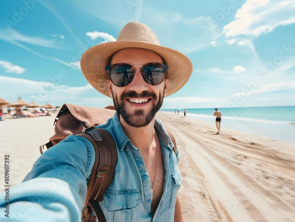Fototapeta Young man with backpack smiling at camera on the beach and enjoying the freedom of taking a selfie on a sunny day. Wellbeing, healthy lifestyle and happy people concept
