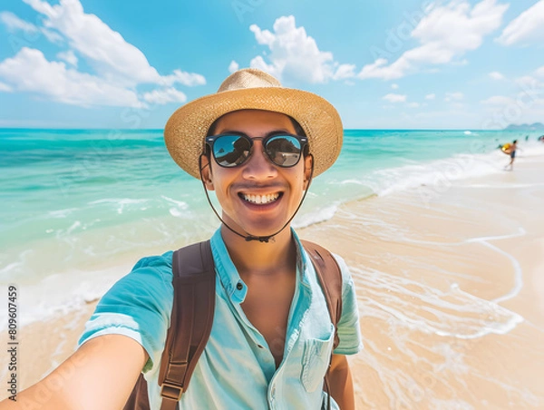 Fototapeta Young man with backpack smiling at camera on the beach and enjoying the freedom of taking a selfie on a sunny day. Wellbeing, healthy lifestyle and happy people concept