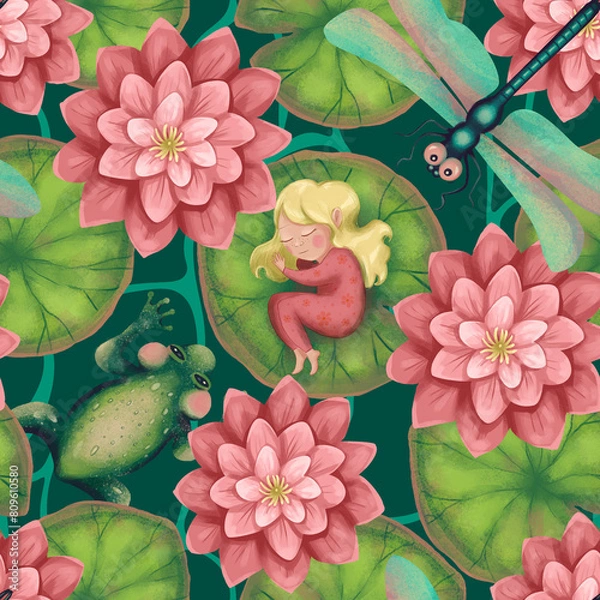Fototapeta seamless pattern with sleeping Thumbelina on a water lily leaf