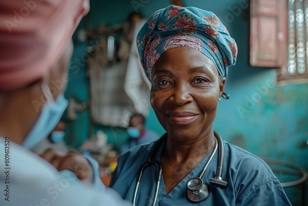 Fototapeta Close-up of nurses administering vaccines and doctors consulting with patients, emphasizing the compassionate aspect of healthcare. Healthcare workers in a community clinic.
