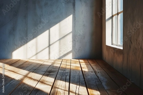 Fototapeta Interior and wood plank floor with  sunlight, Perspective of minimal design architecture, Window and sunlight wallpaper, background for poster, cover, product showcase, AI generated