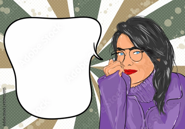 Fototapeta Lady intelligent made in cartoon style with speech cloud