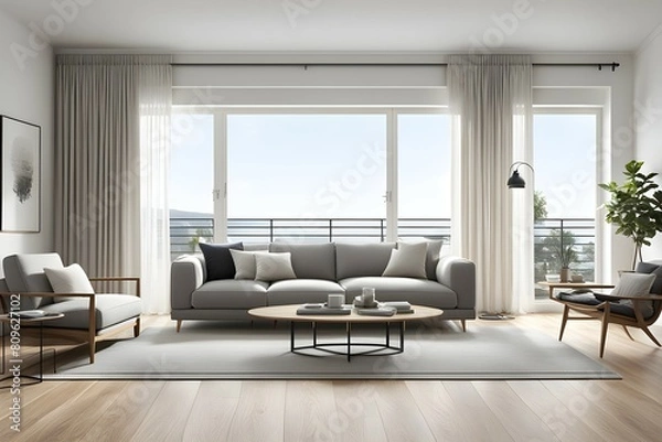 Fototapeta Minimalist living room. furniture has a modern and minimalist design, with a sofa