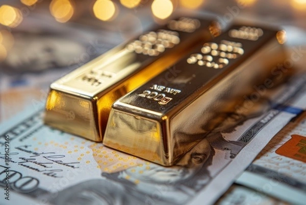 Fototapeta Pieces of gold lie on the background of money.