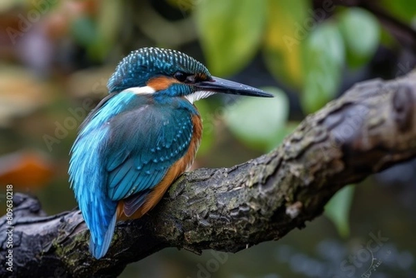 Fototapeta Cute kingfisher sitting on a branch in nature, kingfisher with blue feathers sitting on a thin branch against nature, AI-generated