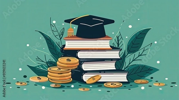 Fototapeta A stack of books and coins with a graduation cap on top
