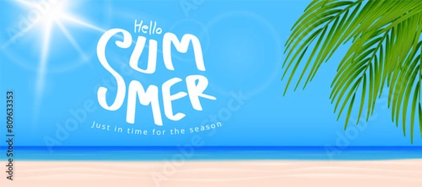 Fototapeta summer sale banner template with beach and sea water, palm leaves and blue sky with clouds.