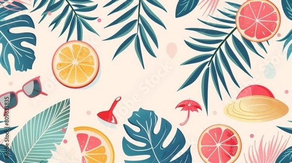Obraz Vector illustrations featuring seamless patterns of fruits, leaves, and both fruits and vegetables for wallpapers, textiles, and other decorative designs