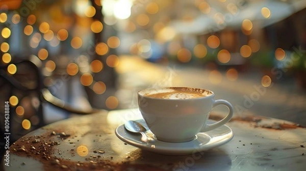 Fototapeta 
A cup of coffee on a saucer with a spoon, captured in a tilt-shift photo with anamorphic bokeh, showcasing an Italian style