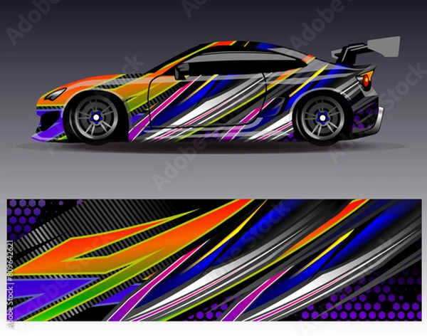 Fototapeta Car wrap design vector.Graphic abstract stripe racing background designs for vehicle, rally, race, adventure and car racing livery