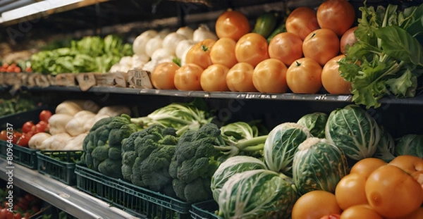 Fototapeta Colorful array of fresh, organic fruit and vegetables in a local market, shop shelves