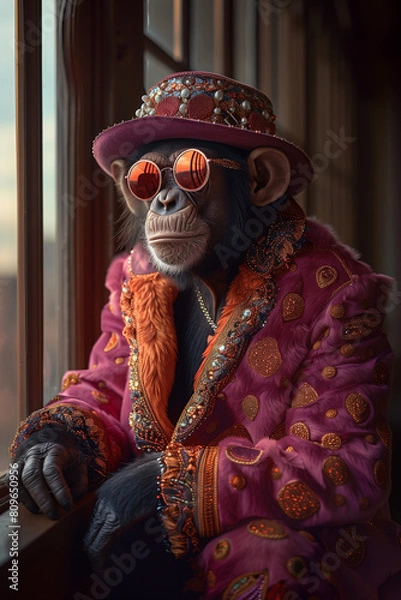 Fototapeta The Profile of A Monkey Dressed in Extravagant, Overly Ornate Attire Against A Single-Color Background