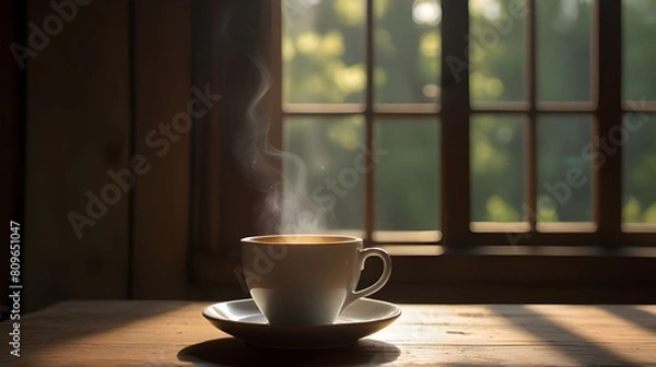 Fototapeta A steaming cup of coffee sitting on a rustic wooden table with morning sunlight streaming through a window 