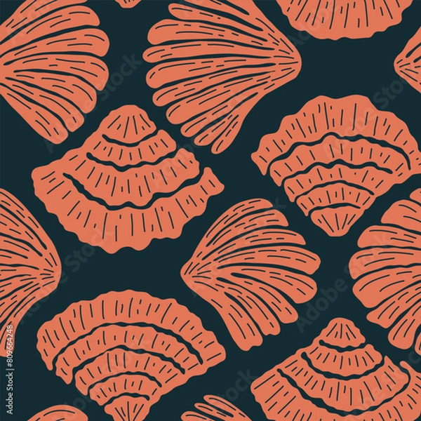 Fototapeta Colorful illustration of underwater world. Vector seamless pattern with hand drawn orange scallop shells on dark blue background. Beautiful sea coast tile with organic vibrant shapes. Ocean aesthetics