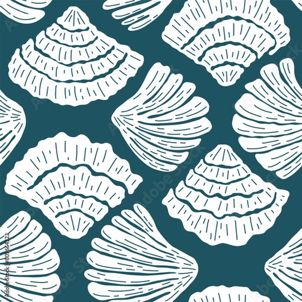 Fototapeta Linocut illustration of underwater world. Vector seamless pattern with hand drawn white scallop shell on dark blue background. Beautiful sea coast tile with organic vibrant shapes. Ocean aesthetics.