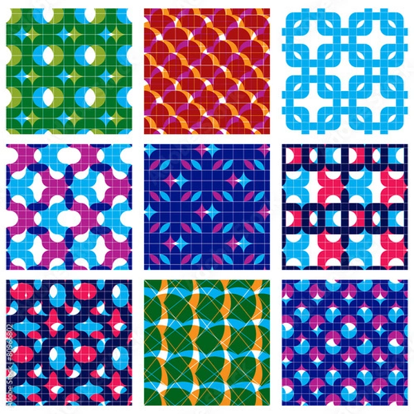 Fototapeta Set of multicolored grate seamless patterns with parallel ribbon