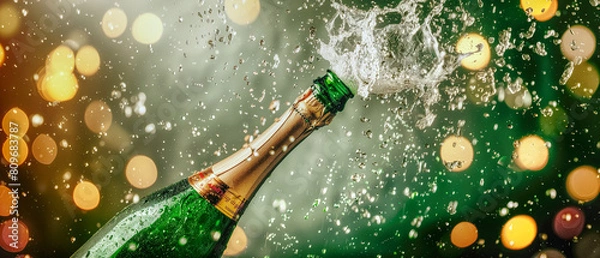 Obraz Champagne is squirting from the opening bottle , banner picture