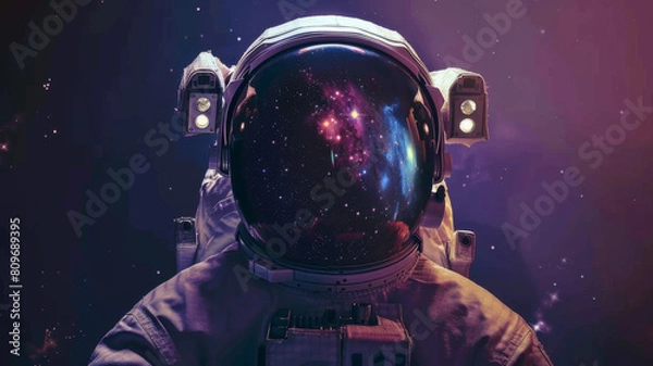 Fototapeta Front view astronaut potrait. Astronaut in space suit with galaxy and nebula reflection in helmet glass