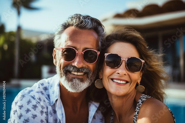 Fototapeta Middle aged happy couple portrait couple on beach vacation weekend together generative AI