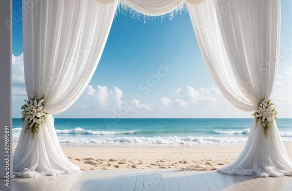 Obraz white curtain with beach background, wedding design concept