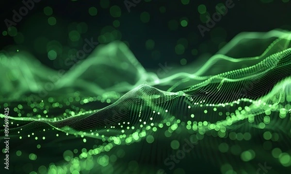 Obraz abstract digital wave with green particles on dark background , Generative AI