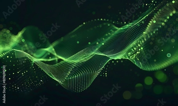 Obraz abstract digital wave with green particles on dark background , Generative AI
