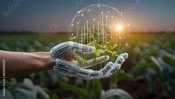 Fototapeta Smart Farming Concept. Green environment with Center and spoke Concept ,Plant on center and rotating Icons