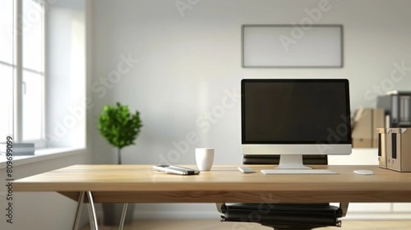 Fototapeta Empty office desk with space for custom text or logo