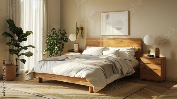 Fototapeta Embracing Scandinavian style, the modern bedroom features a wooden bed adorned with white bedding, complemented by sleek bedside cabinets.