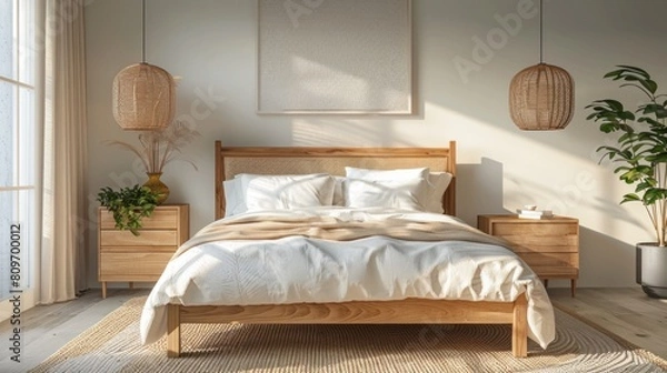 Obraz Embracing Scandinavian style, the modern bedroom features a wooden bed adorned with white bedding, complemented by sleek bedside cabinets.