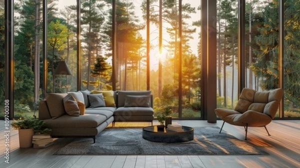 Fototapeta In the modern living room, a sofa and chair are positioned against a floor-to-ceiling window, offering a picturesque view of the forest, in line with Scandinavian home interior design.