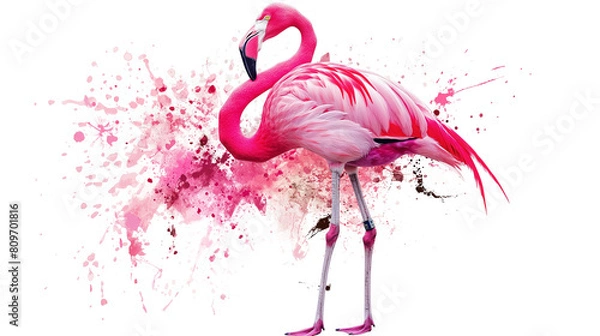 Fototapeta Pink Flamingo with Paint Splashes isolated on a transparent background