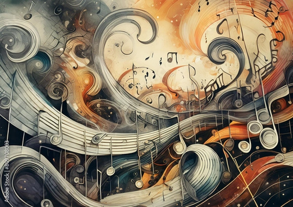 Obraz Musical notes in a mechanical storm