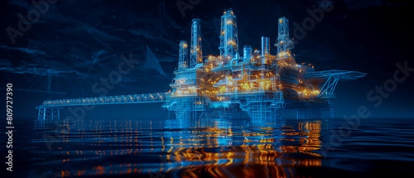 Obraz 3D rendering , Oil rig constructtion plant overlay with wireframe  on black background