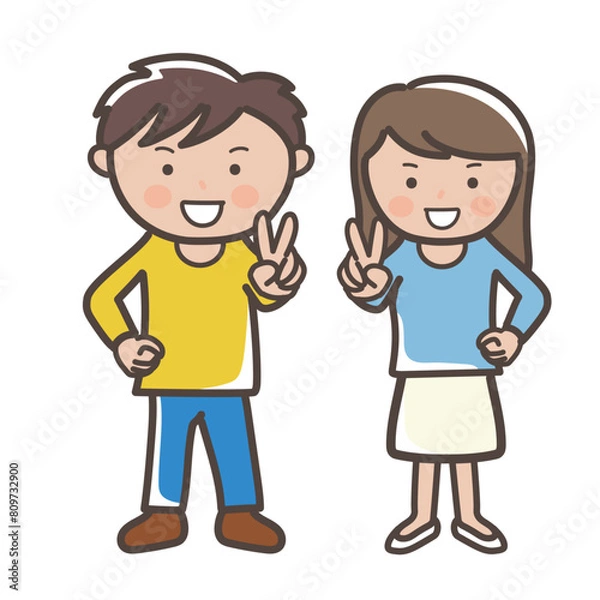 Fototapeta 元気にピースをする若い男女の全身イラスト