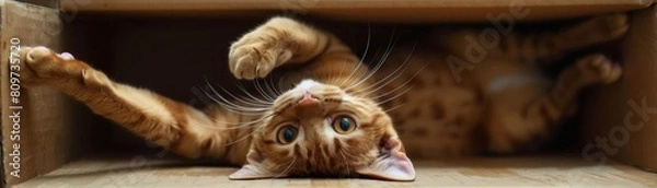 Fototapeta A ginger cat is lying in a cardboard box