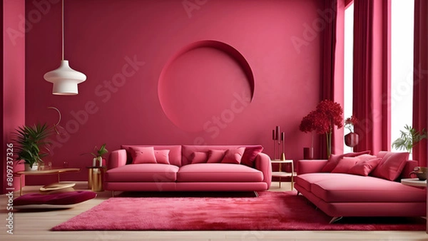 Fototapeta A modern interior design featuring a monochromatic pink theme with a velvet sofa, rug, and abstract wall art, creating a bold statement
