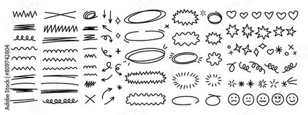 Obraz Scribble doodle line shapes set. Hand drawn design elements collection. Black brush strokes bundle.