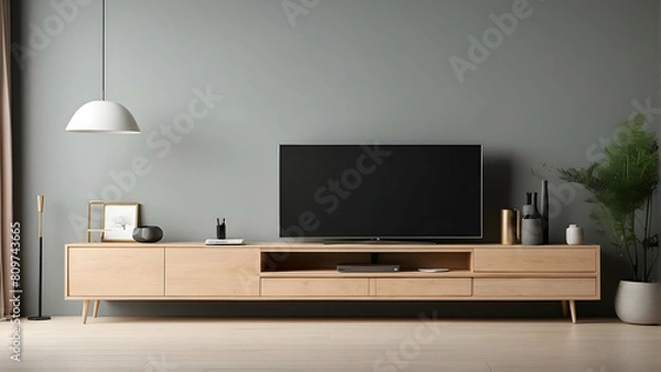 Fototapeta This contemporary space showcases a sleek TV unit, paired with chic decor elements against a cool grey backdrop