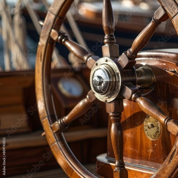 Fototapeta A wooden steering wheel with a clock on the side