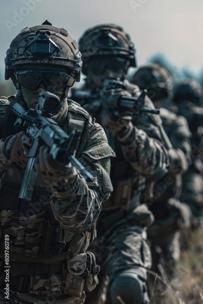 Fototapeta A group of soldiers are lined up and ready to fire their weapons