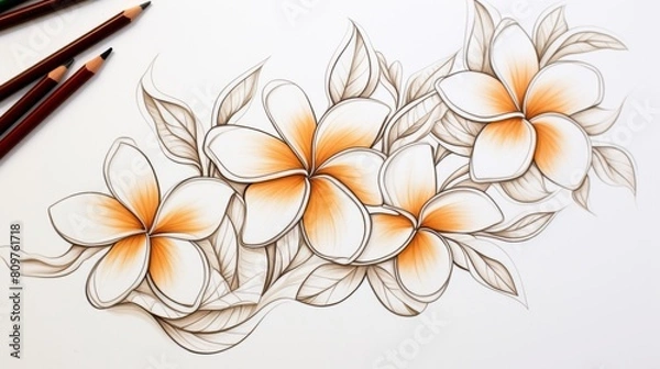 Fototapeta plumeria flowers in the style of drawing a continuous line, sketch