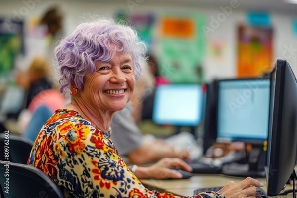 Fototapeta Senior Computer Class Instructor Woman with Purple Hair - Empowering Elderly Learners in a Community Center