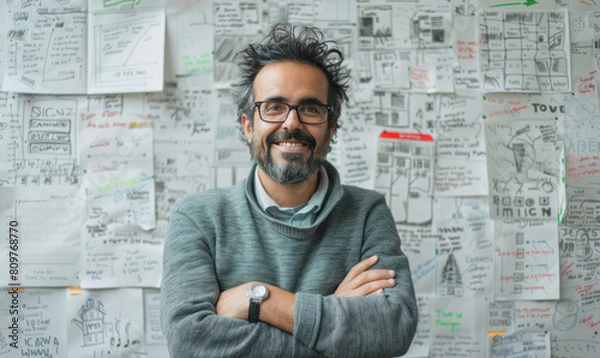 Fototapeta A man with glasses is smiling in front of a wall covered in drawings and notes. Scene is cheerful and lighthearted