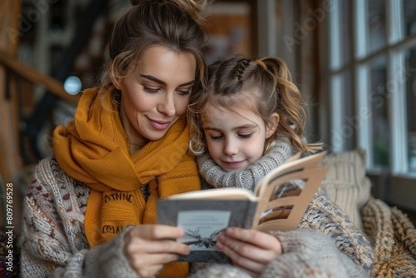 Fototapeta A woman and a child are sitting together, the woman reading a letter to the child. Concept of warmth and closeness between the two, as they share a moment of bonding over the written words