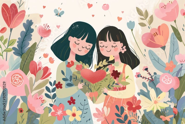 Fototapeta Two girls are holding flowers and smiling. The flowers are in a garden with many different types of flowers. The girls are surrounded by the flowers and seem to be enjoying the moment