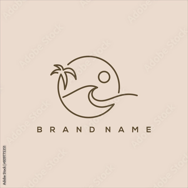 Fototapeta minimalist logo of sun beach waves and palm circles line art vector