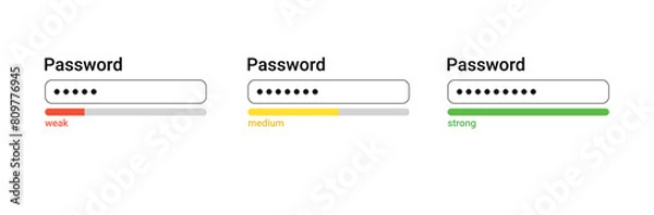Fototapeta Password weak, medium, strong interface. Password website template. Digital security bar interface